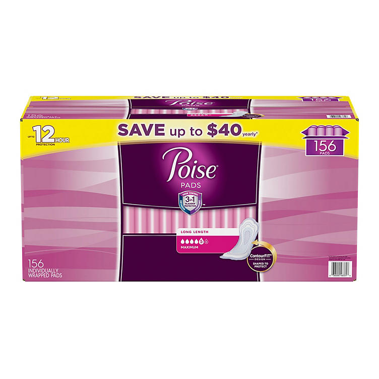 Poise Incontinence & Postpartum Pads, Maximum Absorbency, Long (156 ct.)