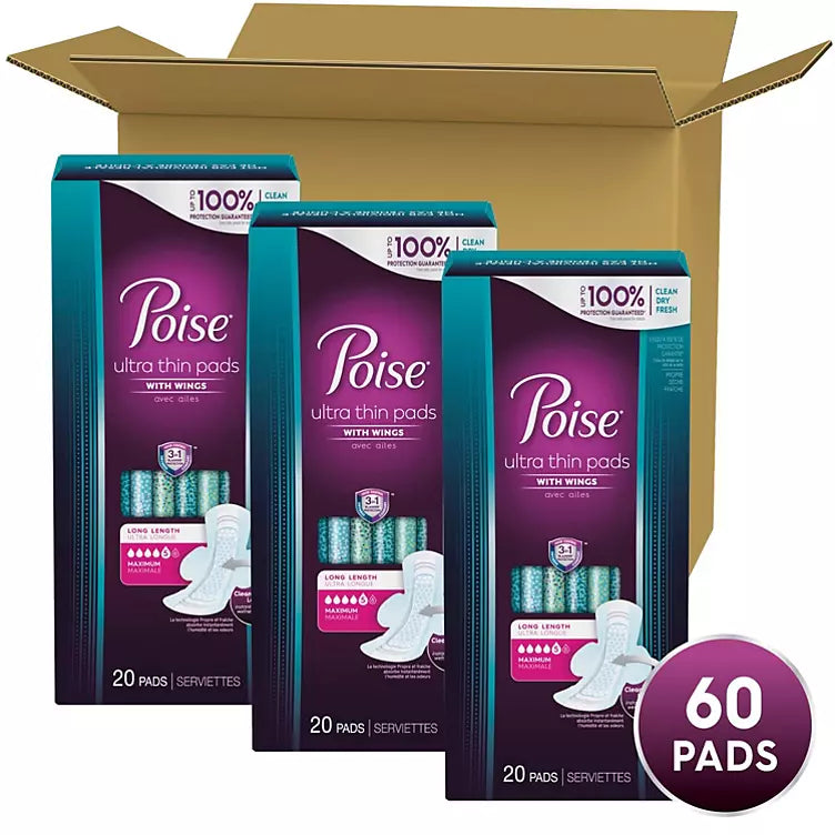 Poise Ultra Thin Pads with Wings, Maximum Absorbency, Long (60 ct.)