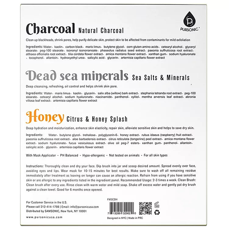 Pursonic Gel Mud Face Mask 3-pack, Charcoal + Honey + Dead Sea Minerals