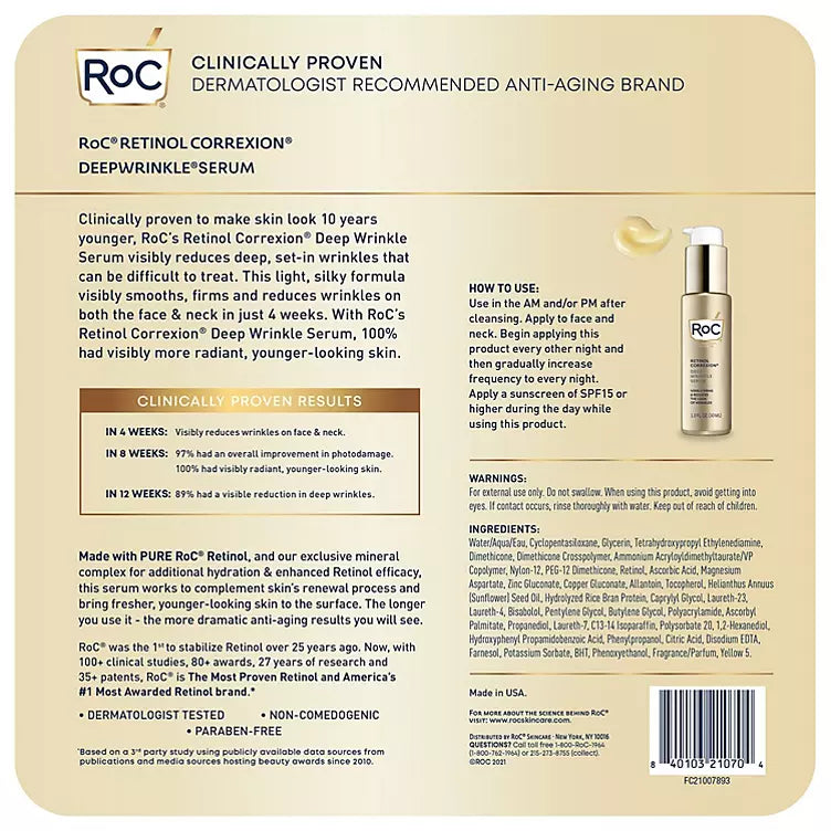 RoC Retinol Correxion Deep Wrinkle Facial Serum, Anti-Wrinkle Treatment Made with Retinol (1 fl. oz., 2 pk.)