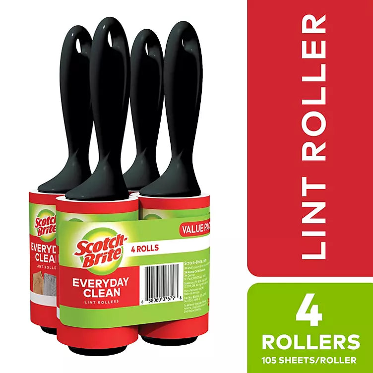 Scotch-Brite Lint Roller Club Pack, 4 Rollers/Pack, 105 Sheets/Roll
