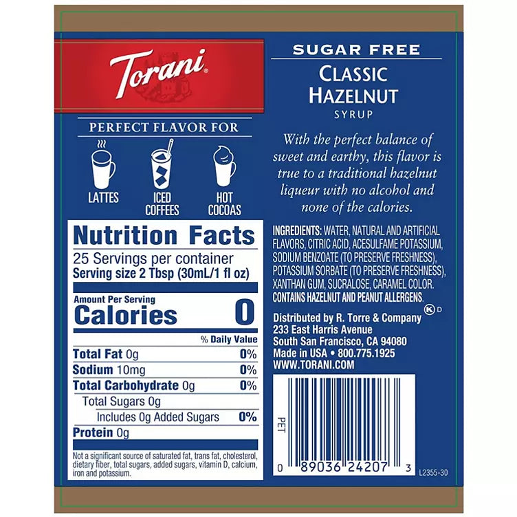 Torani Sugar-Free Classic Hazelnut Syrup (750 mL)