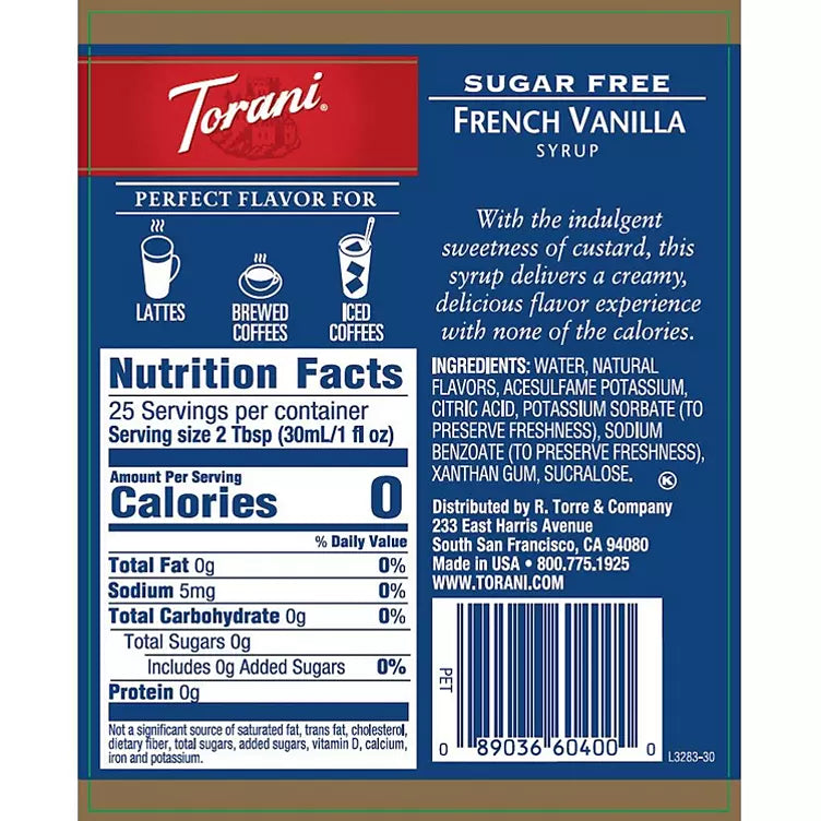 Torani Sugar-Free French Vanilla Syrup (750 mL)