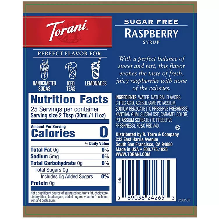 Torani Sugar-Free Raspberry Syrup (750 mL)