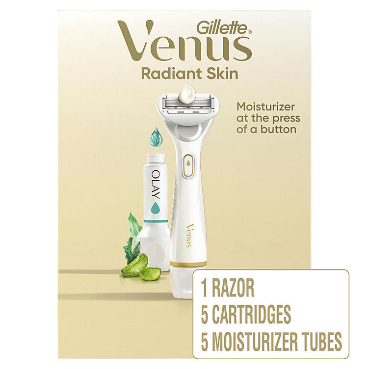 Venus Radiant Skin Womens razor, Seaweed & Aloe Olay moisturizer, 1 razor handle + 5 blade refills + 5 Olay moisturizer refills