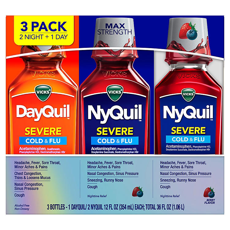 Vicks DayQuil and NyQuil SEVERE Cold & Flu Relief Liquid, Berry Flavor (3 pk., 12 fl.oz./Bottle)