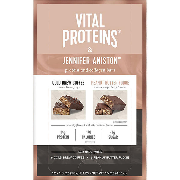 Vital Proteins & Jennifer Aniston Protein and Collagen Bars Variety Pack, Cold Brew Coffee and Peanut Butter Fudge (12 ct.)