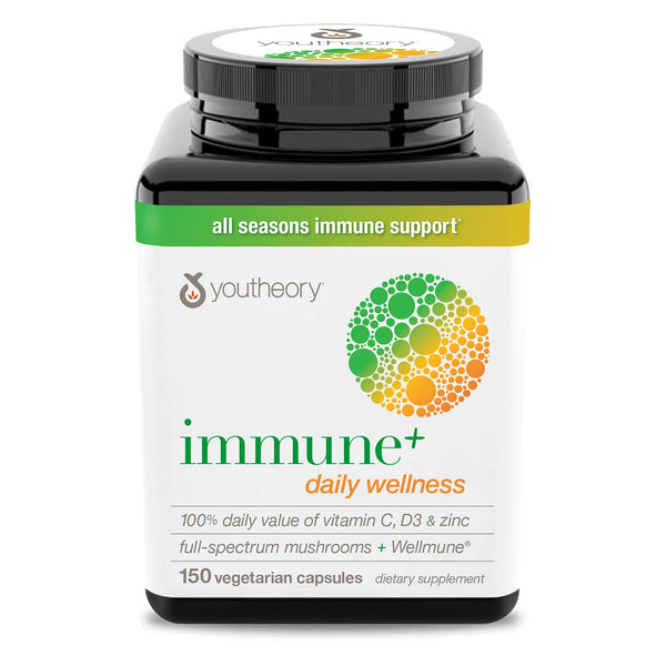 youtheory Immune + Daily Wellness, 100% Daily Value of Vitamin C, D3 and Zinc Full-Spectrum Mushrooms + Wellmune (150 ct.)