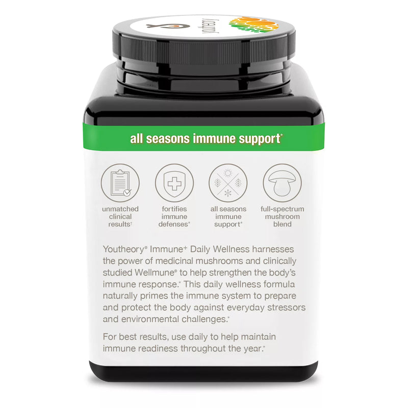 youtheory Immune + Daily Wellness, 100% Daily Value of Vitamin C, D3 and Zinc Full-Spectrum Mushrooms + Wellmune (150 ct.)